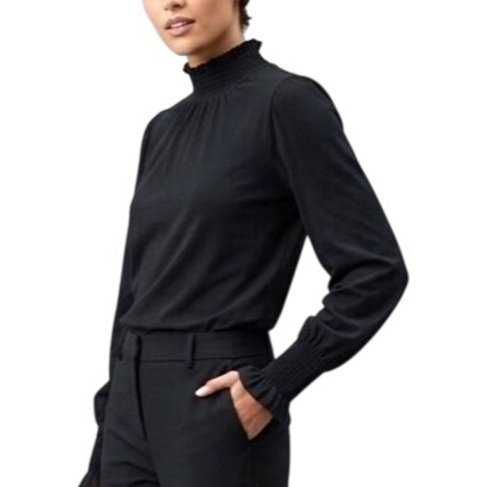 SUNDRY Black PIMA COTTON Pullover SMOCKED CUFF/HIGH NECK Blouse/Top Sz 3/L
